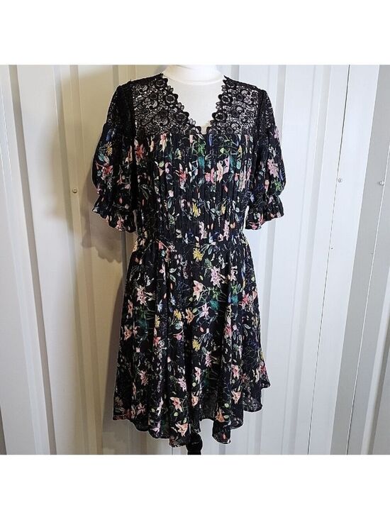 The Kooples Dresses & Skirts - The Kooples Black Floral Midi Dress Lace Inset Top Size Medium Puff Sleeves